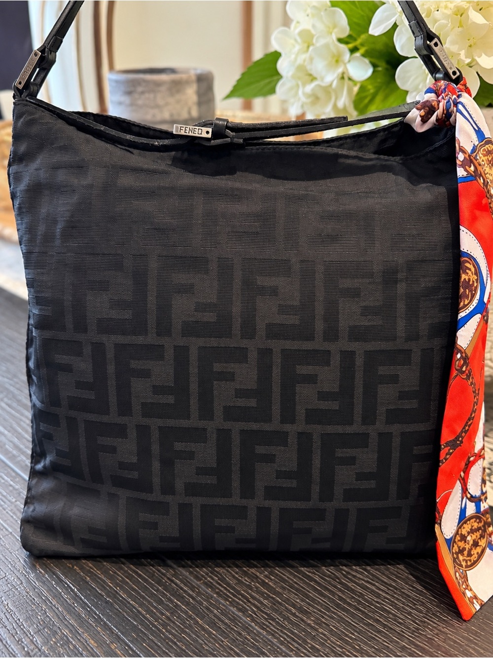 Fendi Black Shoulder Tote with Red/Blue Patterned Scarf Detail with COA